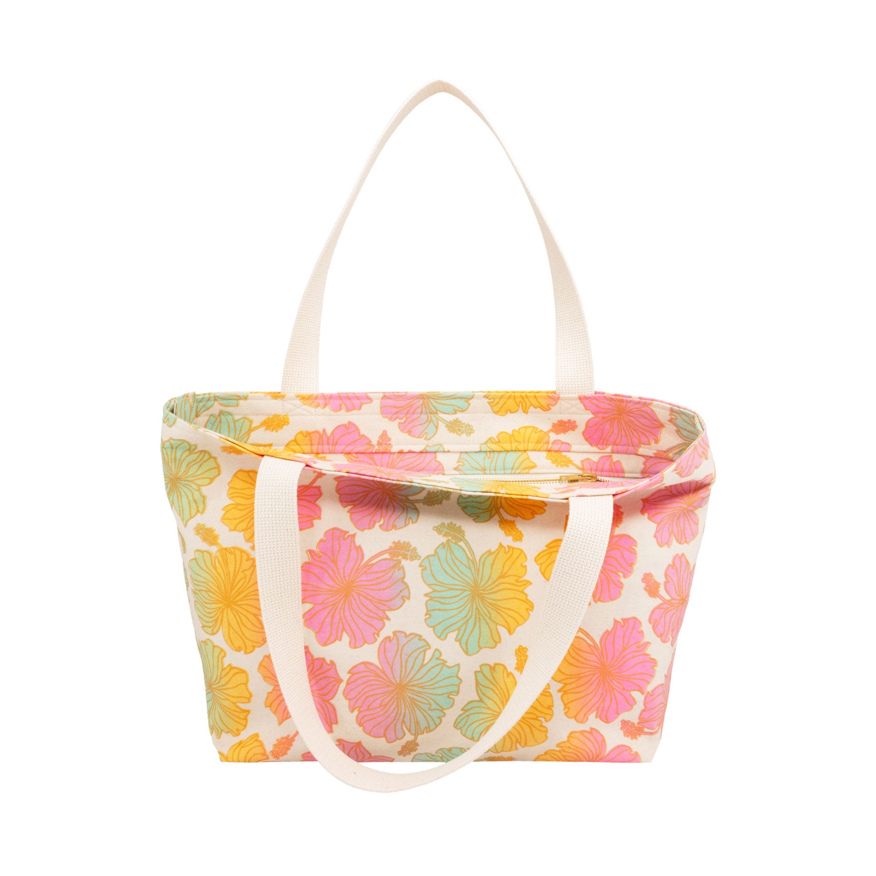 Beach Bag Tote Deluxe • Hibiscus • Copper over Bright Rainbow Ombre