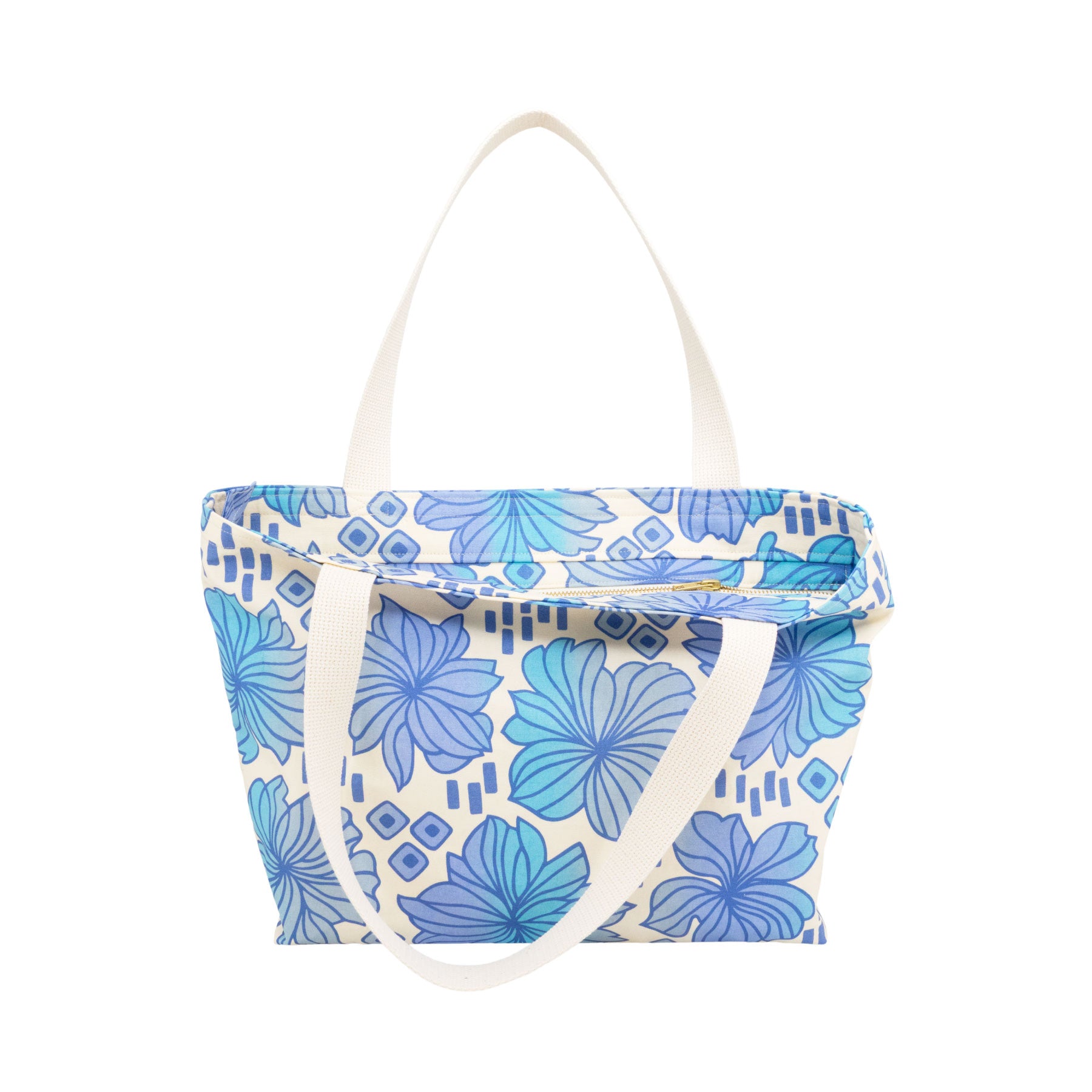 Beach Bag Tote Deluxe • Retro Blooms • Blue over Ocean and Steel Ombre