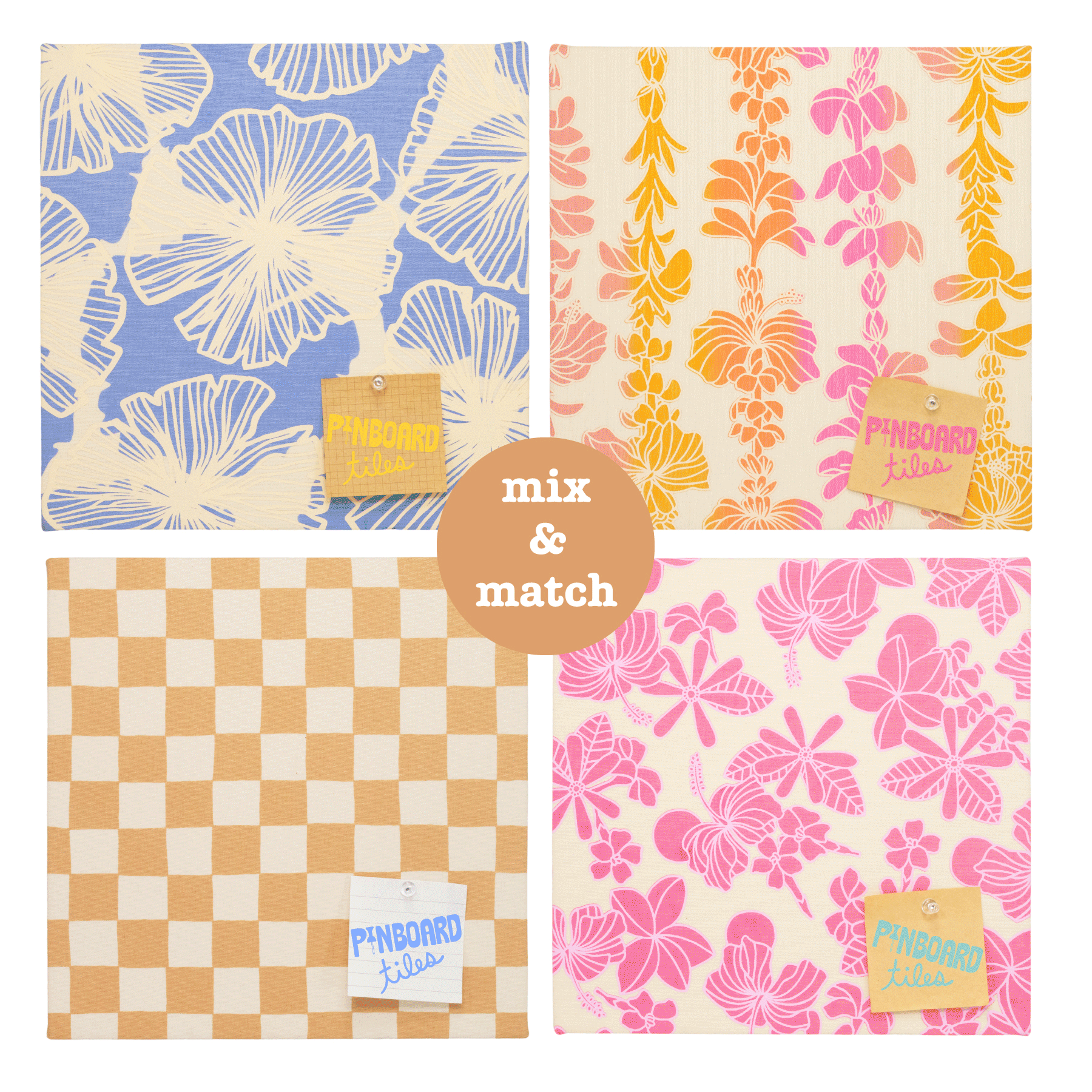 12x12 Fabric Pinboard Tile • Lei Pūpule • Tan over Hot Pink, Yellow, and Orange Ombre