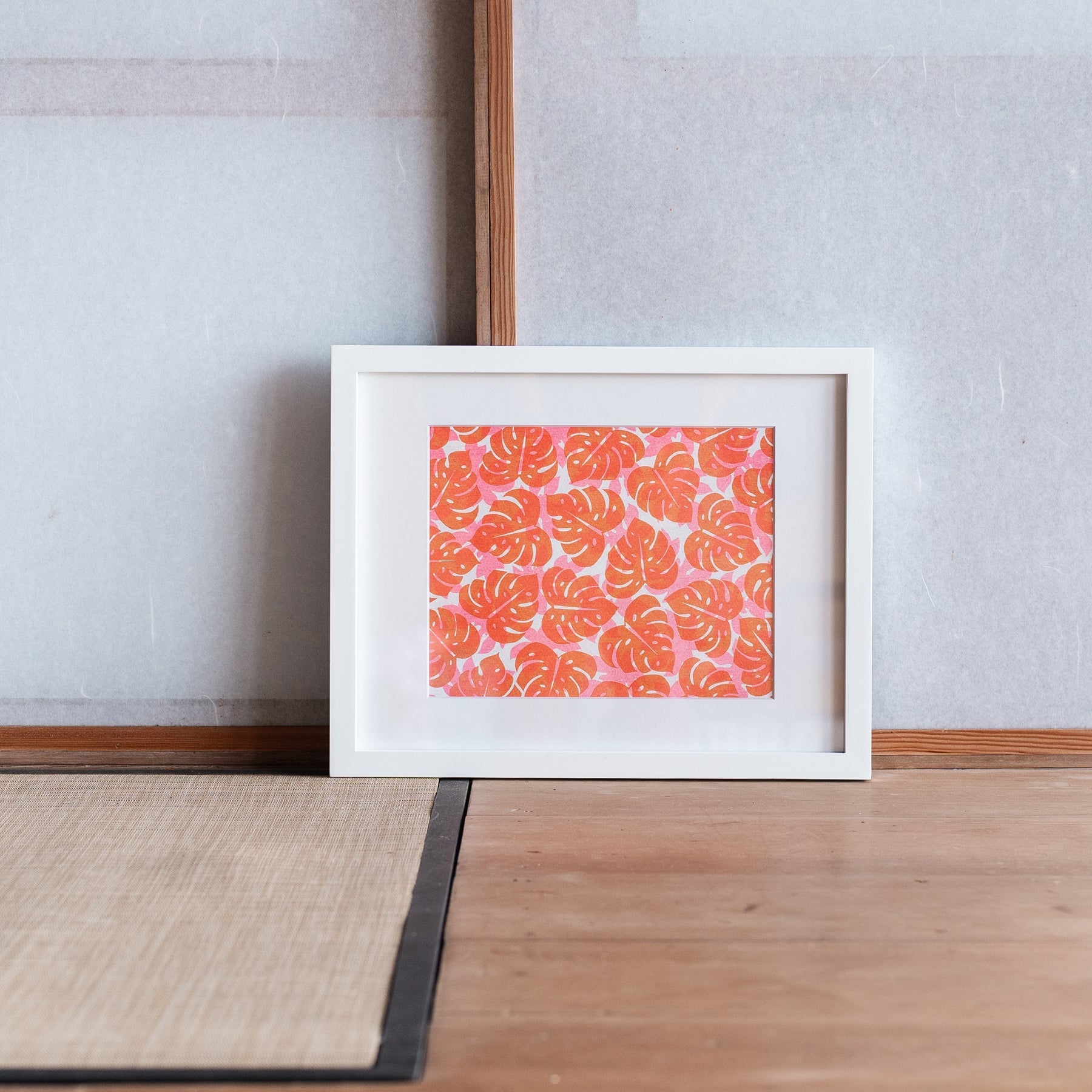 Monstera and Papaya Leaf Shadow Art Print • Orange over Pink - Jana Lam Hawaii