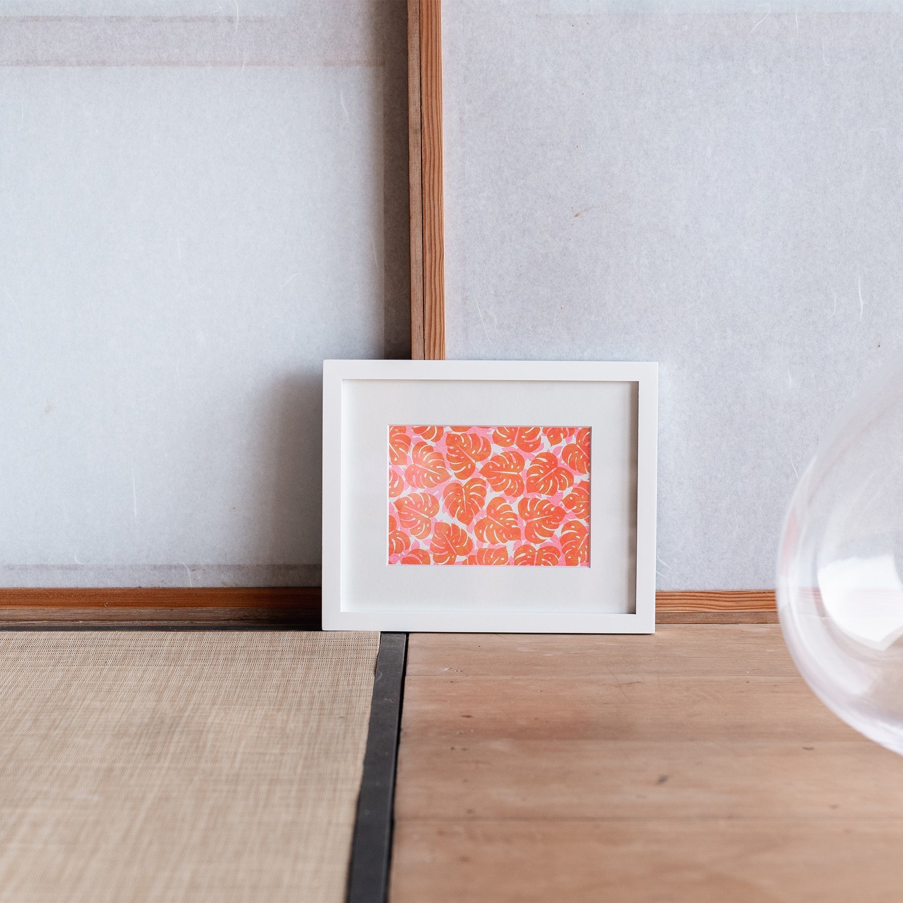 Monstera and Papaya Leaf Shadow Art Print • Orange over Pink - Jana Lam Hawaii
