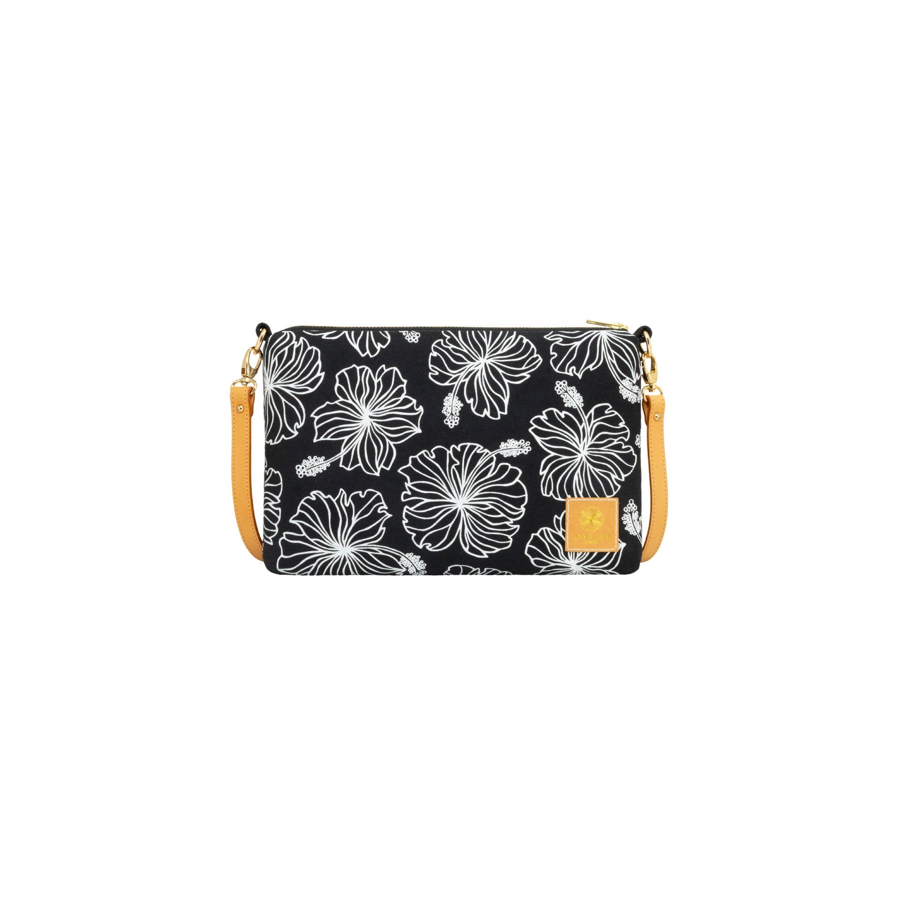 Slim Zipper Cross Body • Hibiscus • White on Black Fabric - Jana Lam Hawaii