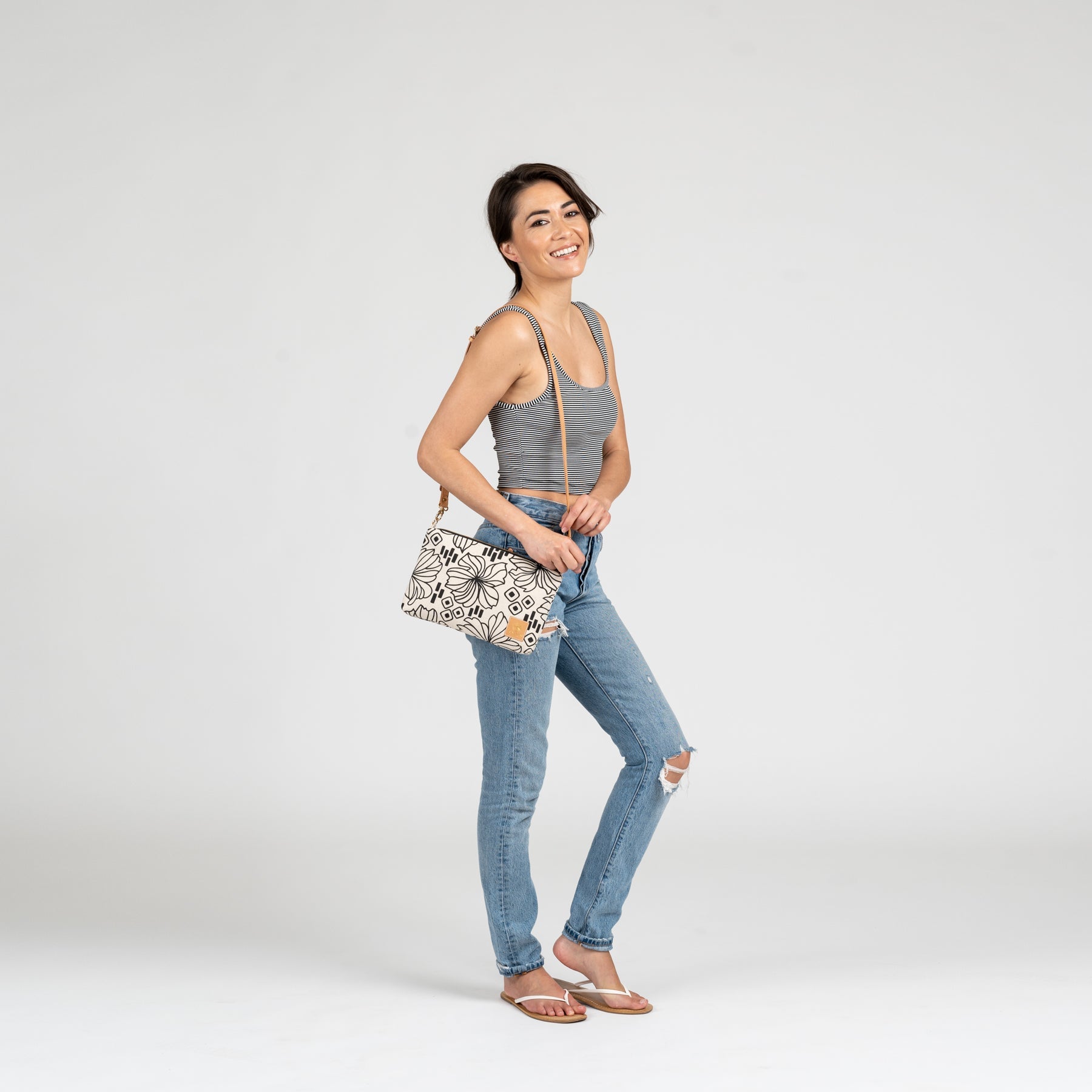 Slim Zipper Cross Body • Naupaka • Black on Natural Fabric - Jana Lam Hawaii