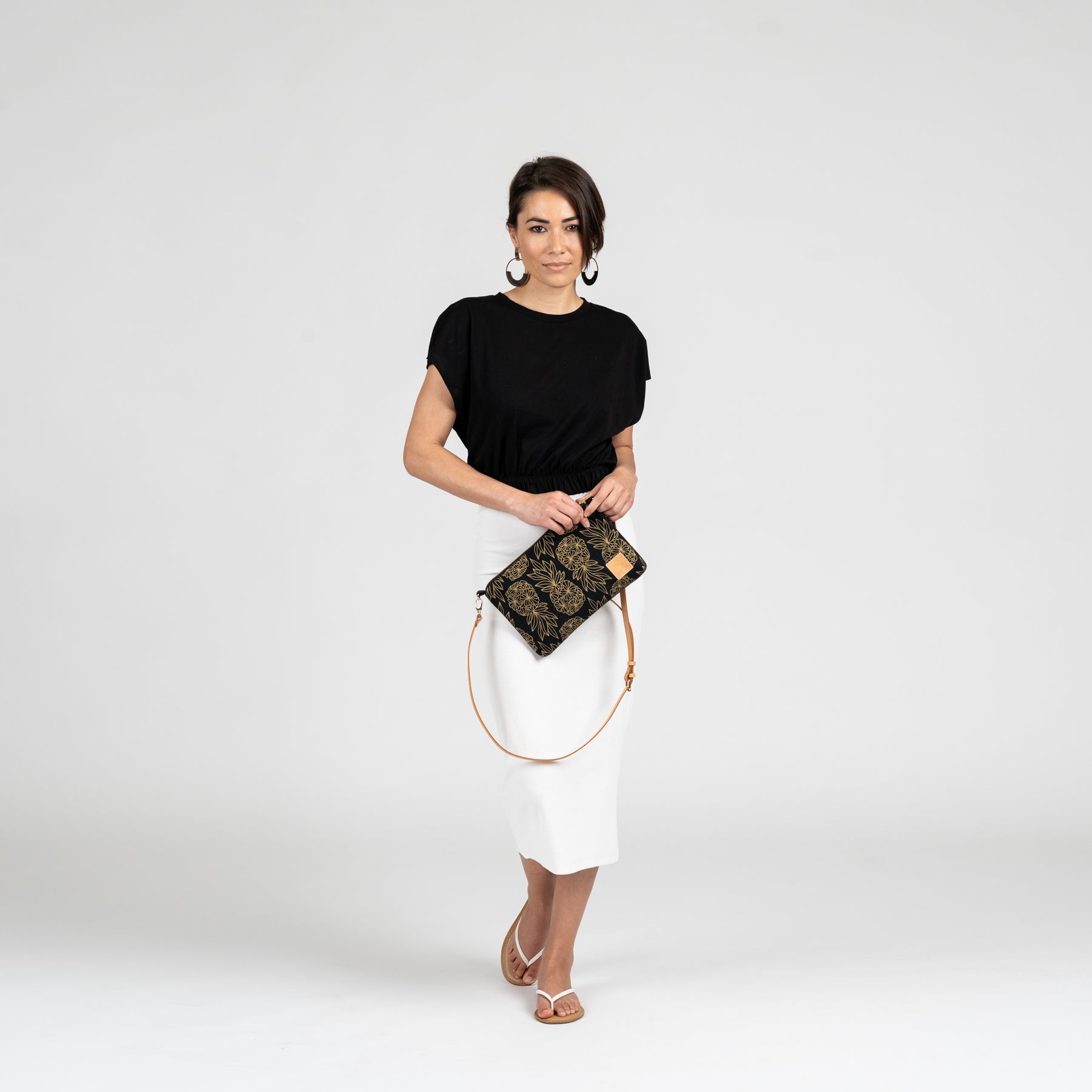 Slim Zipper Cross Body • Seaflower • White on Black Fabric - Jana Lam Hawaii