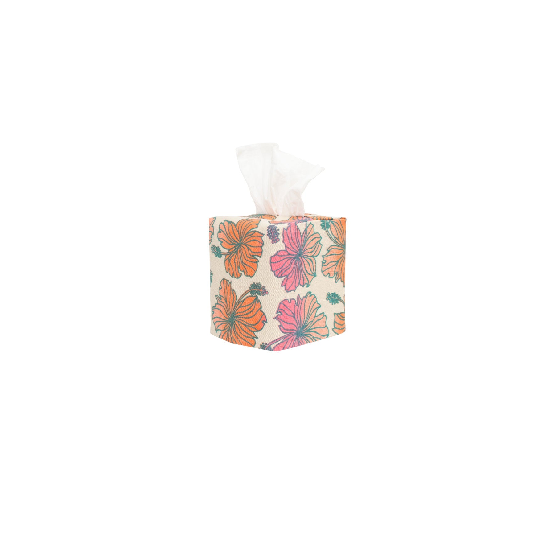 Square Tissue Box Cover • Hibiscus • Teal over Pink and Orange Ombre - Jana Lam Hawaii