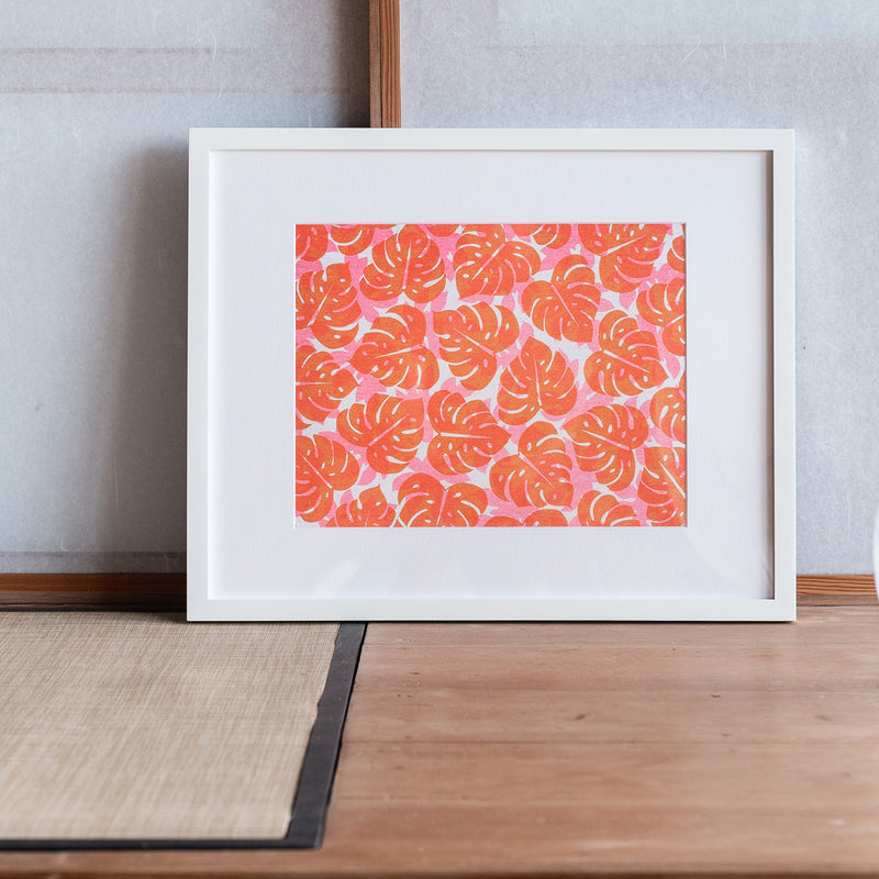 Monstera and Papaya Leaf Shadow Art Print • Orange over Pink