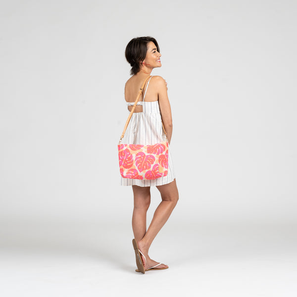 Slouchy Cross Body • Monstera and Papaya Leaf Shadow • Hot Pink over Tangerine