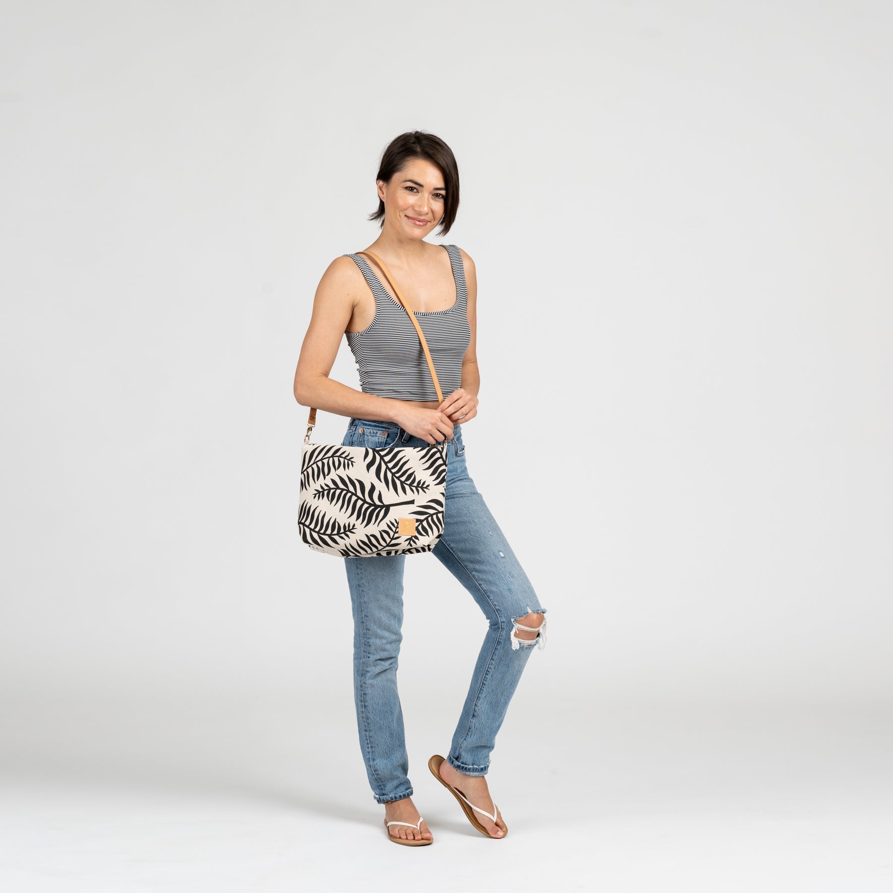Slouchy Cross Body • Plumeria • Black on Natural Fabric - Jana Lam Hawaii