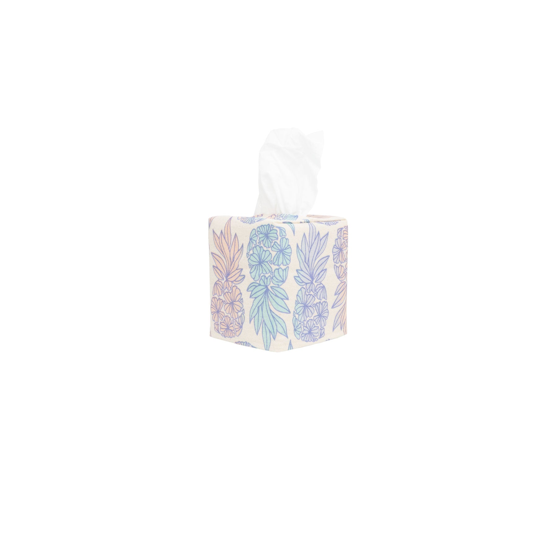 Square Tissue Box Cover • Seaflower Pineapple • Dusty Navy over Soothing Blush and Blues Ombre