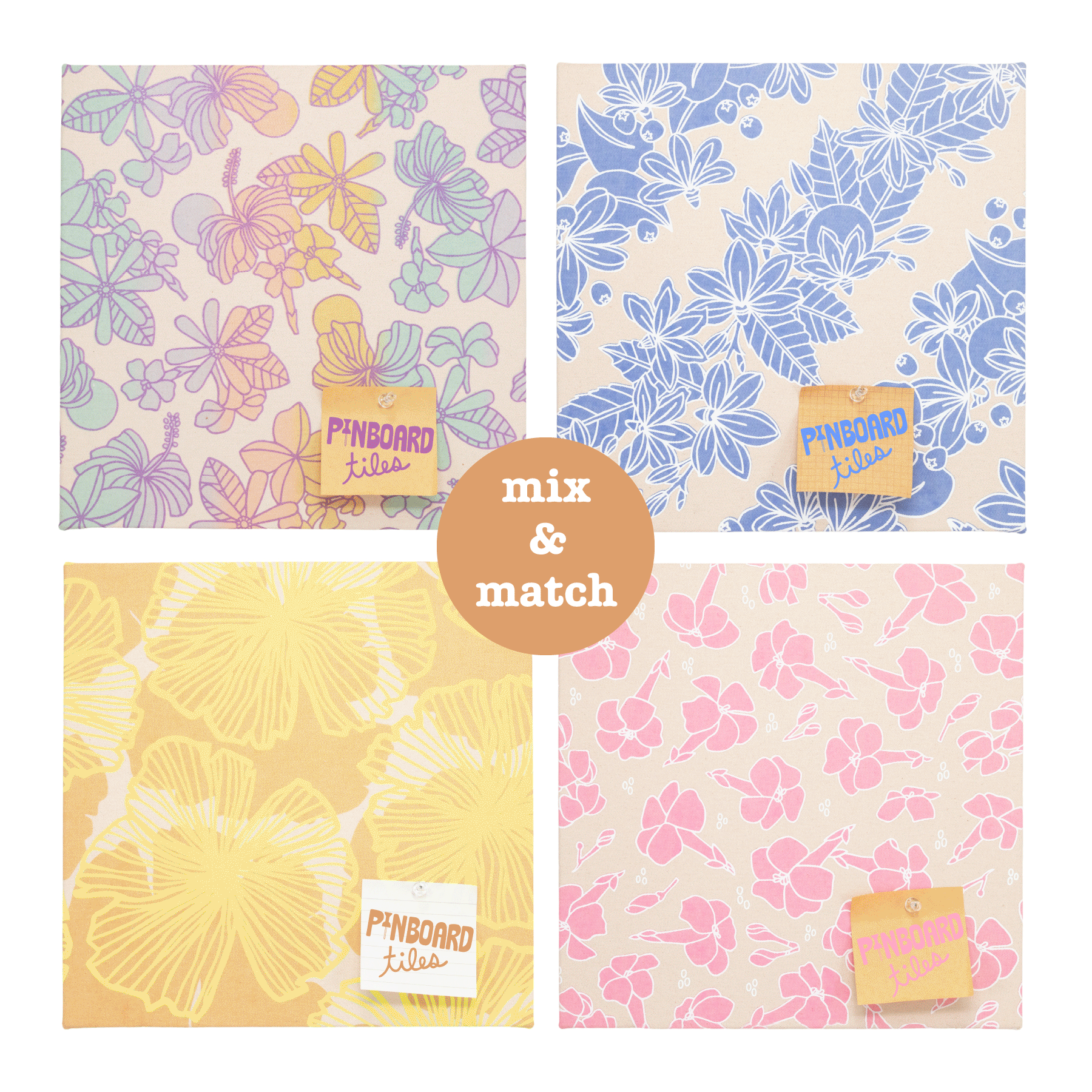 12x12 Fabric Pinboard Tile • Hibiscus • Pink over Pink and Orange Ombre