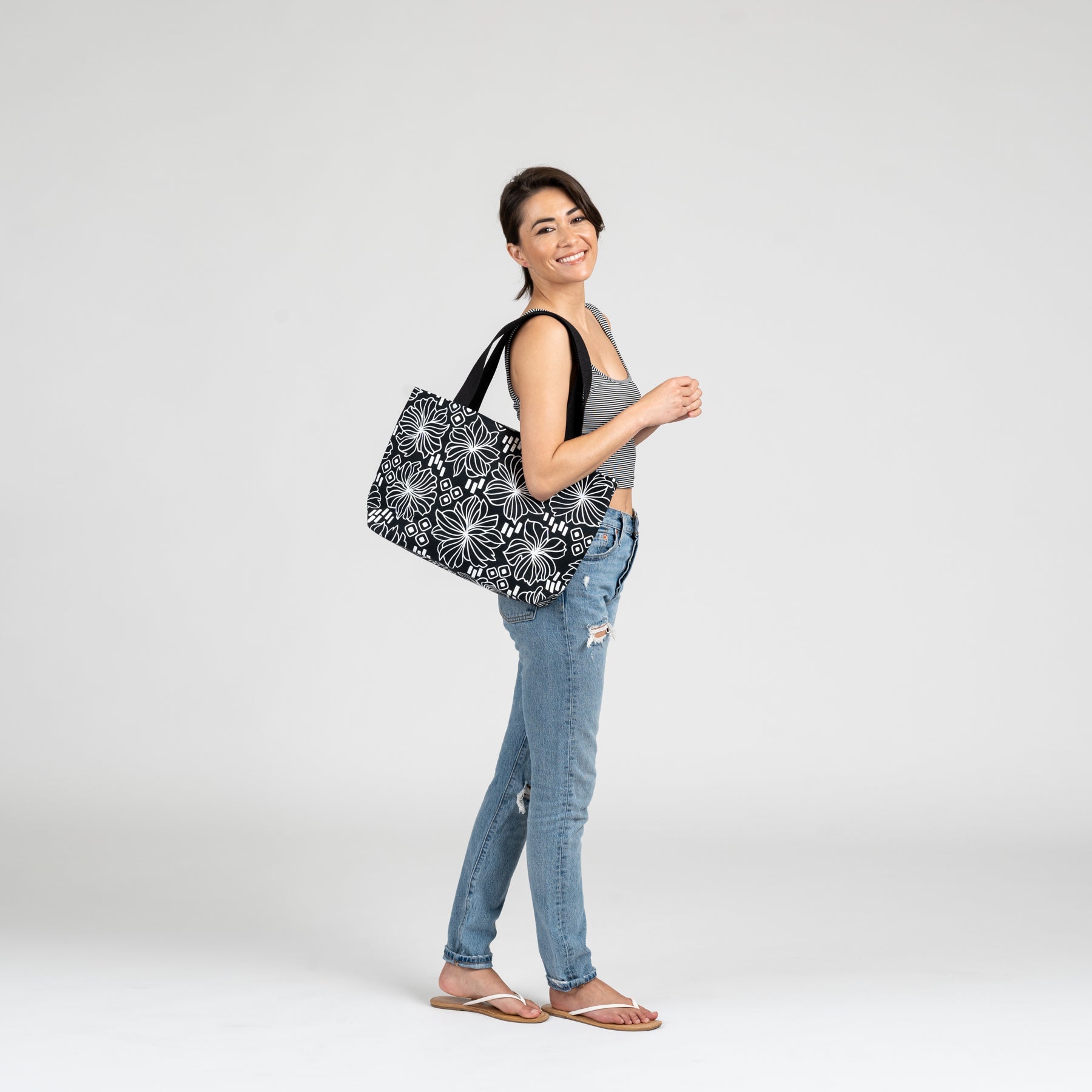 Beach Bag Tote Deluxe • Seaflower • Black on Natural Fabric