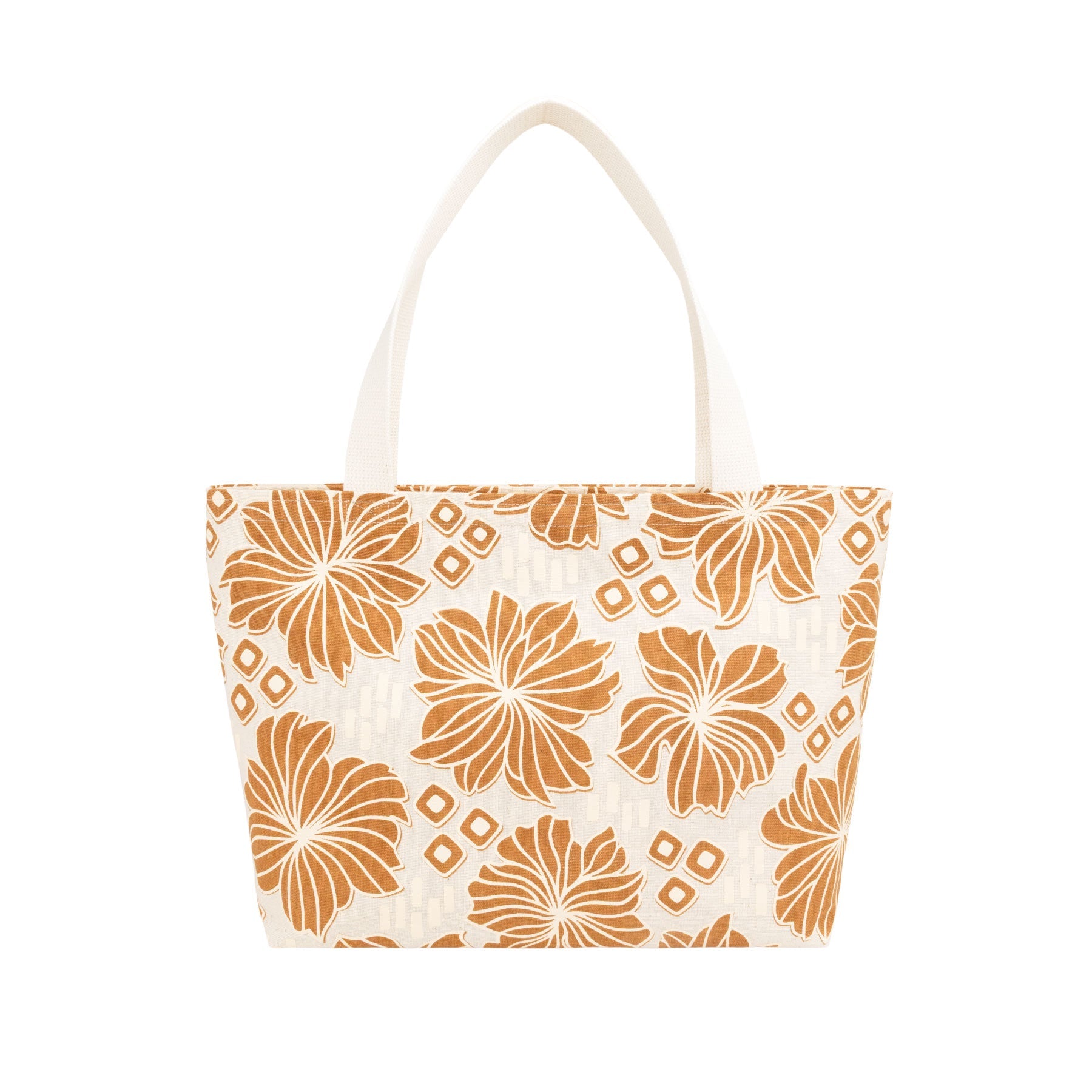 Beach Bag Tote Deluxe • Retro Blooms • Tan over Brown - Jana Lam Hawaii