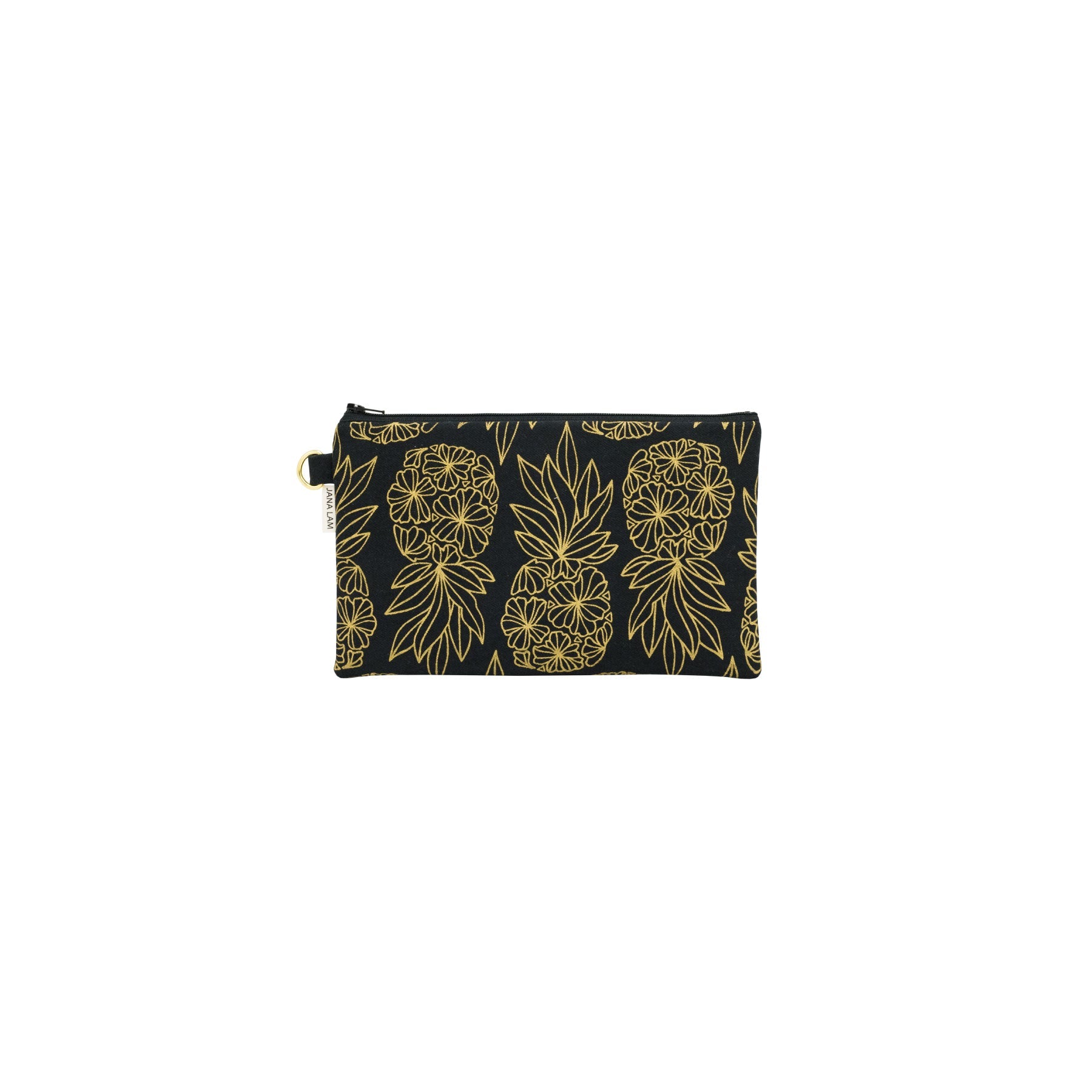 Classic Zipper Clutch • Seaflower Pineapple • Gold on Black Fabric - Jana Lam Hawaii