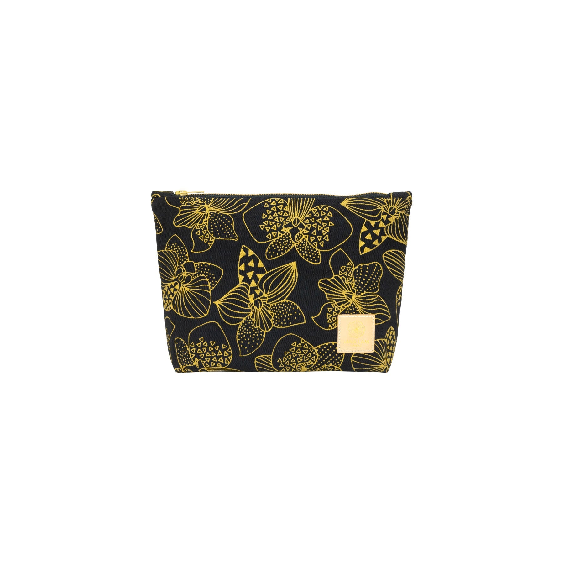 Cosmetic Zipper Clutch • Orchid • Gold on Black Fabric - Jana Lam Hawaii