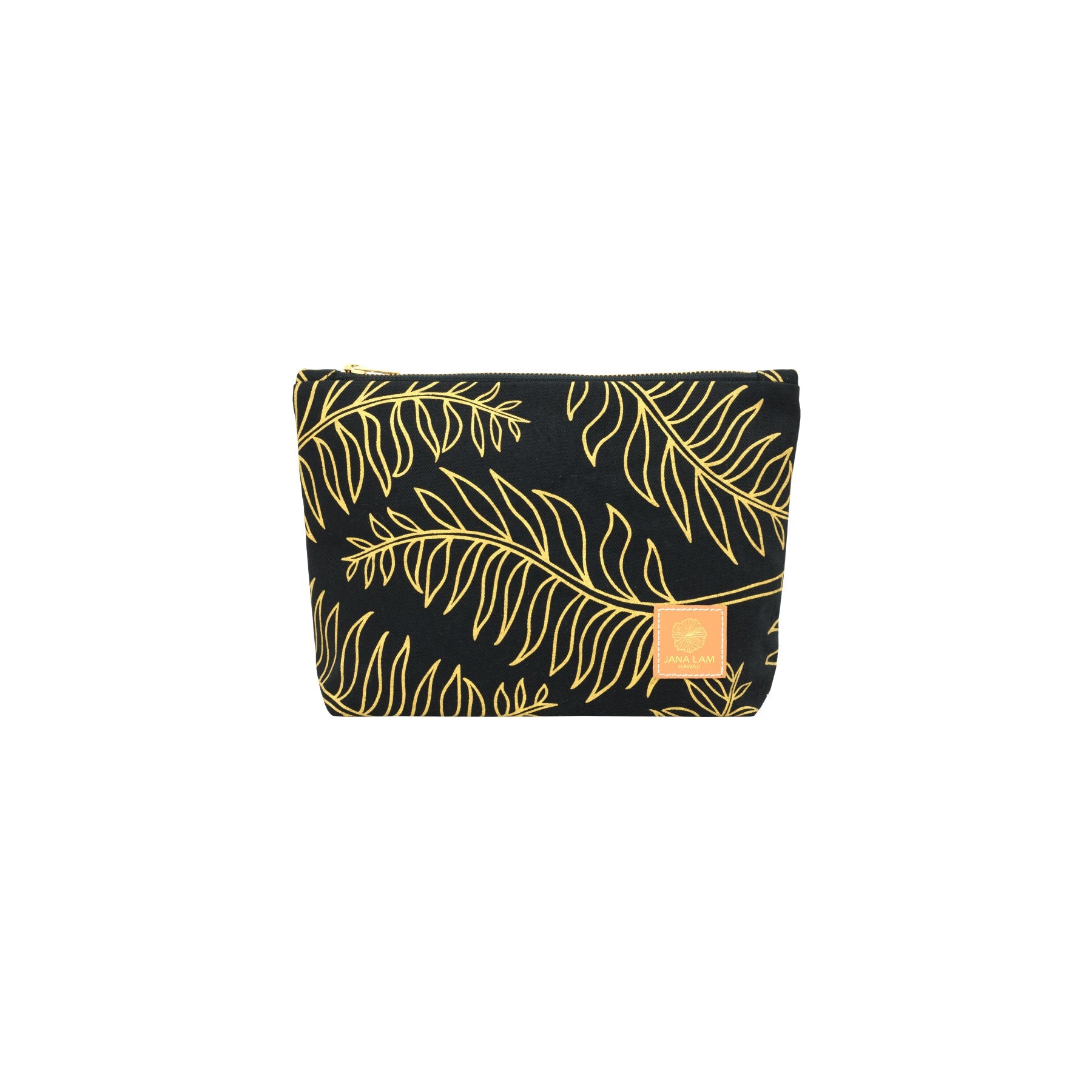 Cosmetic Zipper Clutch • Palm • Gold on Black Fabric - Jana Lam Hawaii