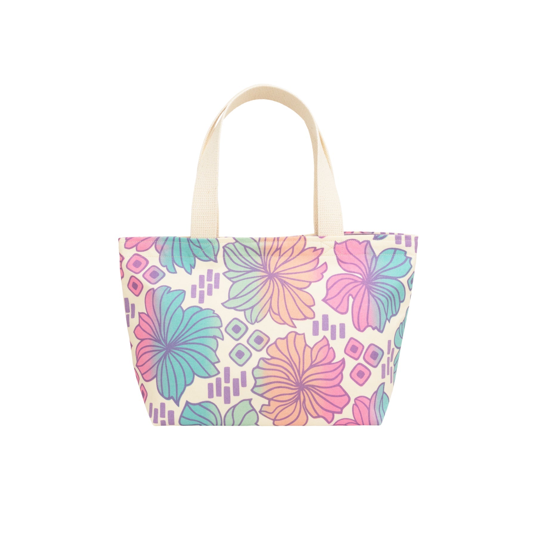Mini Beach Bag Tote • Retro Blooms • Purple over Peach, Pink, Mint, and Turquoise Ombre - Jana Lam Hawaii
