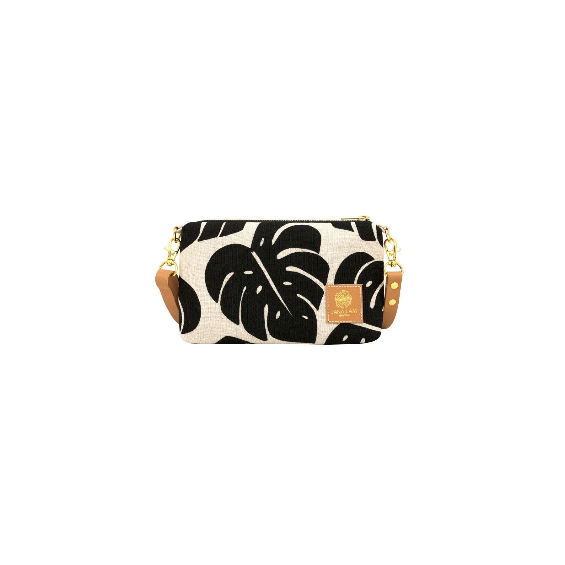 Mini Slim Zipper Cross Body • Monstera Shadow • Black on Natural Fabric - Jana Lam Hawaii