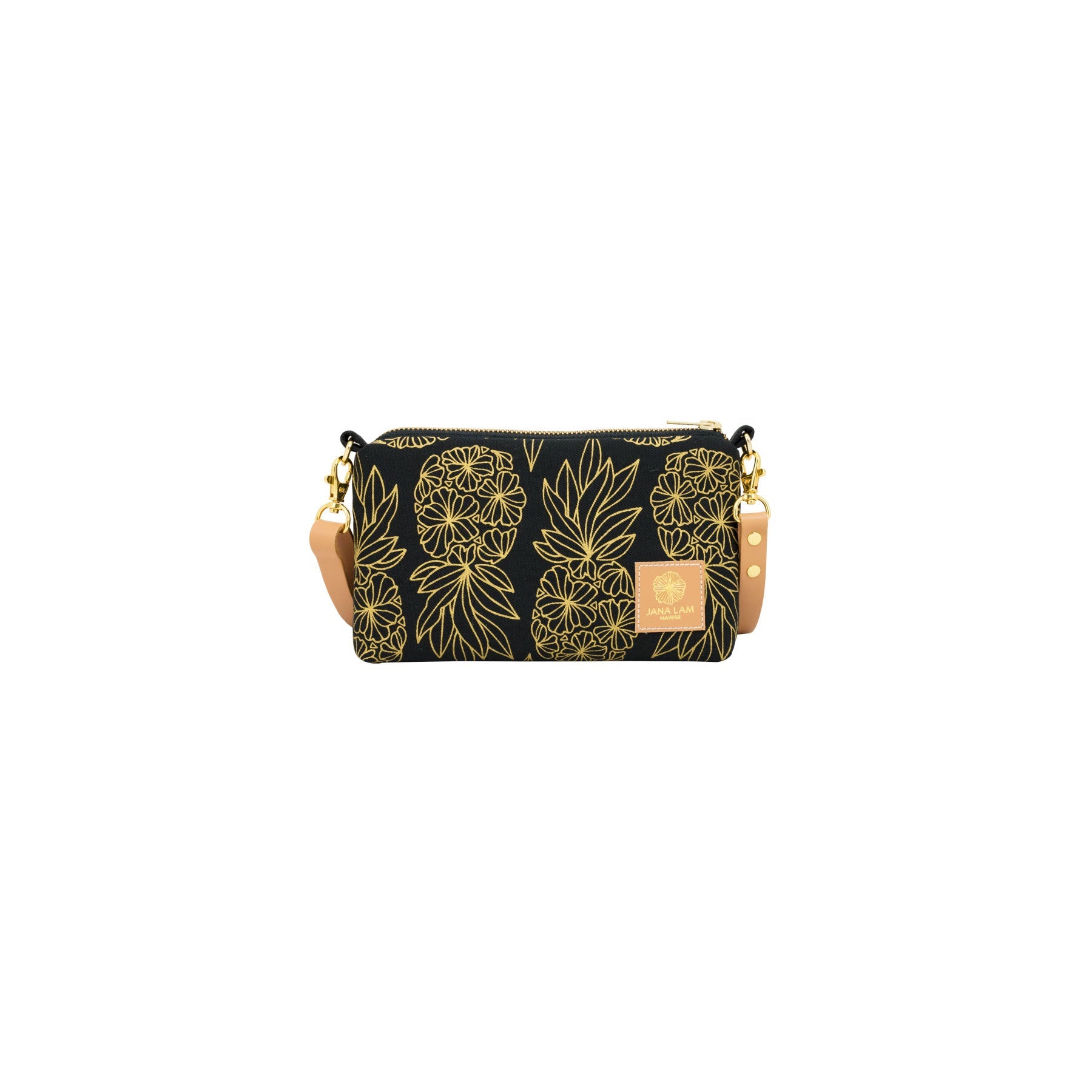 Mini Slim Zipper Cross Body • Seaflower Pineapple • Gold on Black Fabric - Jana Lam Hawaii