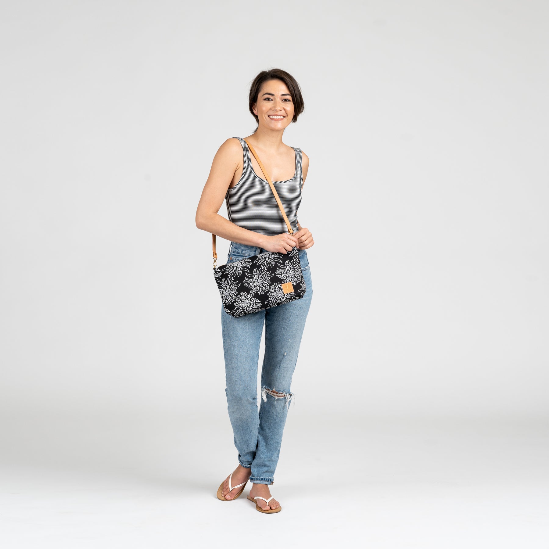 Mini Slouchy Cross Body • Banana Leaf • White on Black Fabric - Jana Lam Hawaii