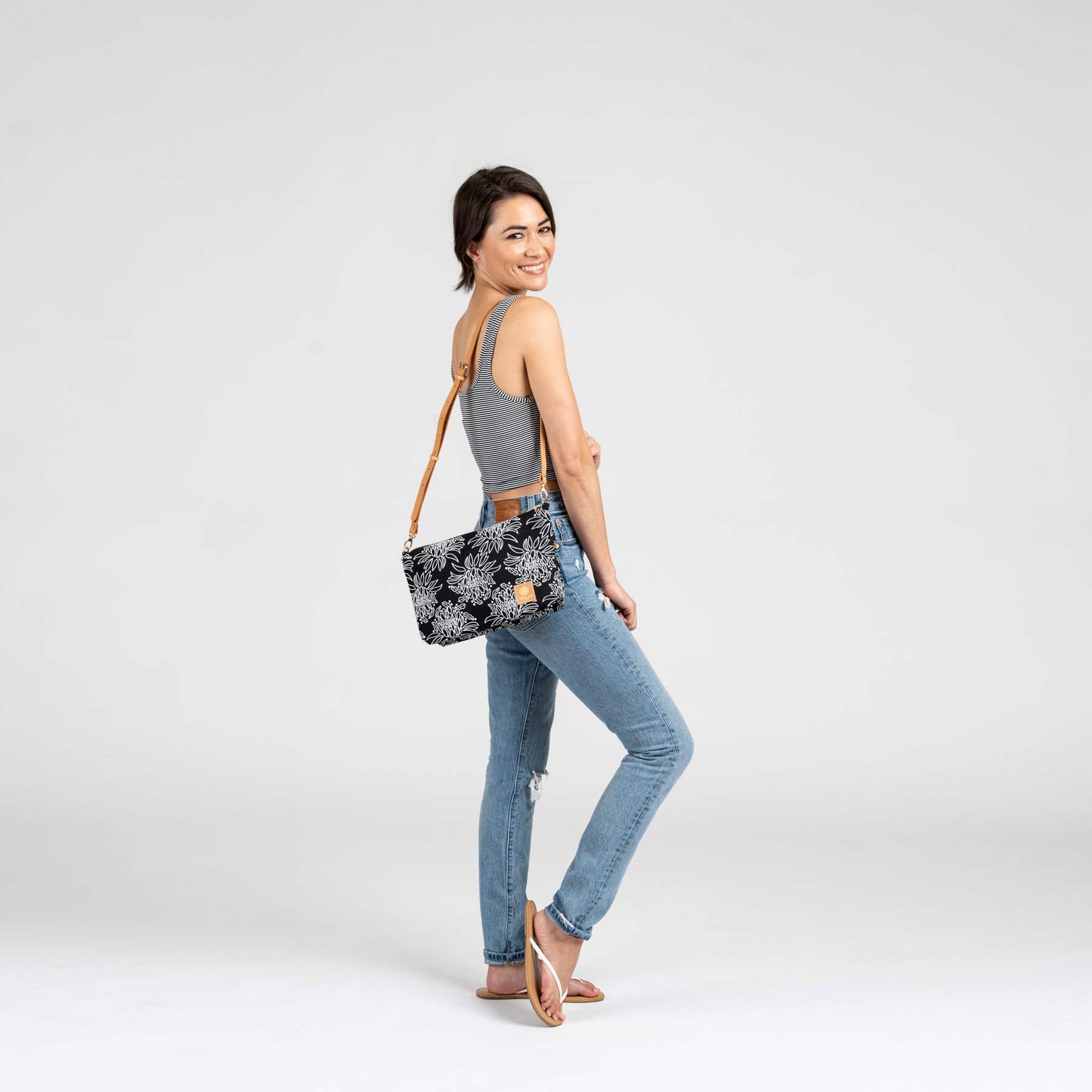 Mini Slouchy Cross Body • Pua Kala • White on Black Fabric - Jana Lam Hawaii