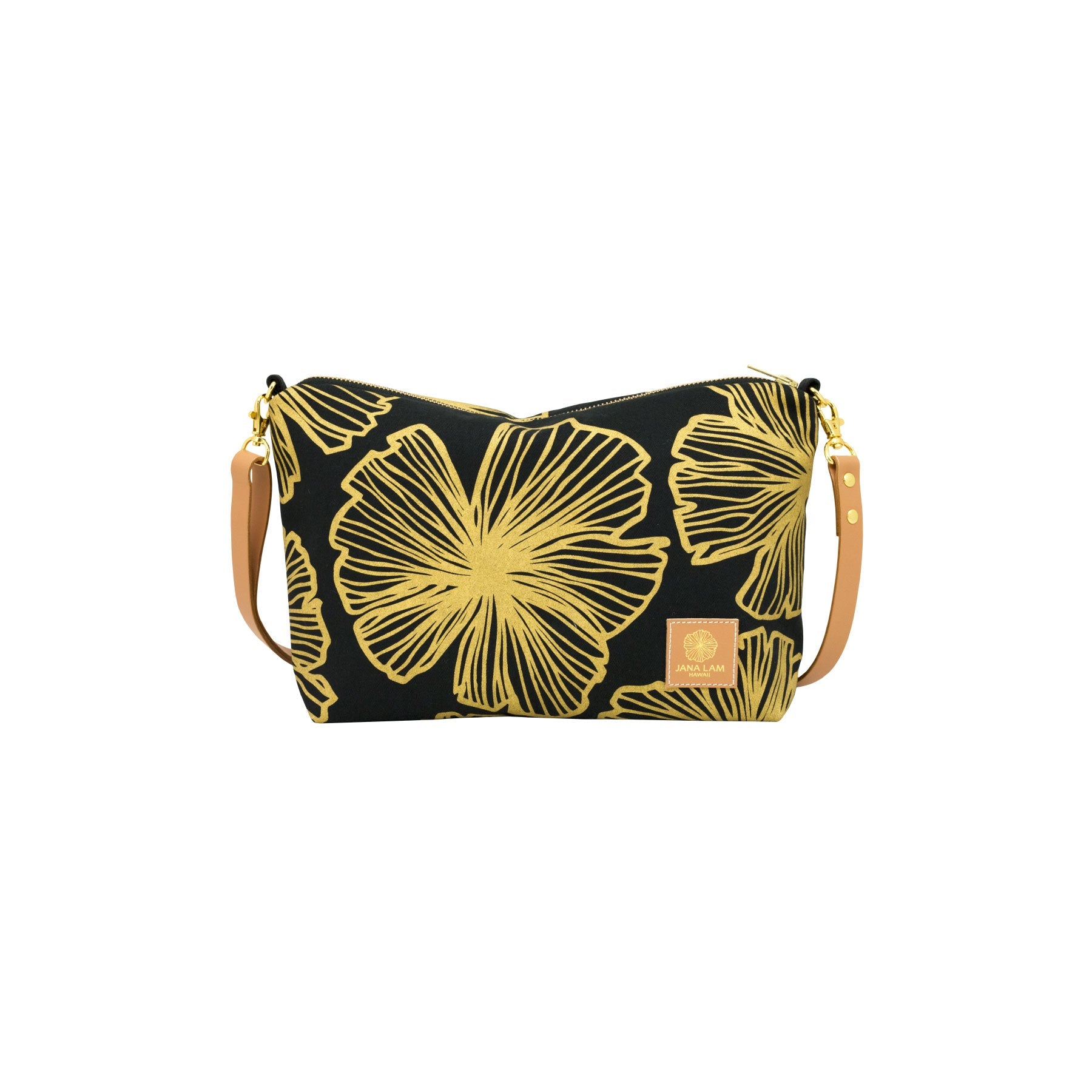 Mini Slouchy Cross Body • Seaflower • Gold on Black Fabric - Jana Lam Hawaii