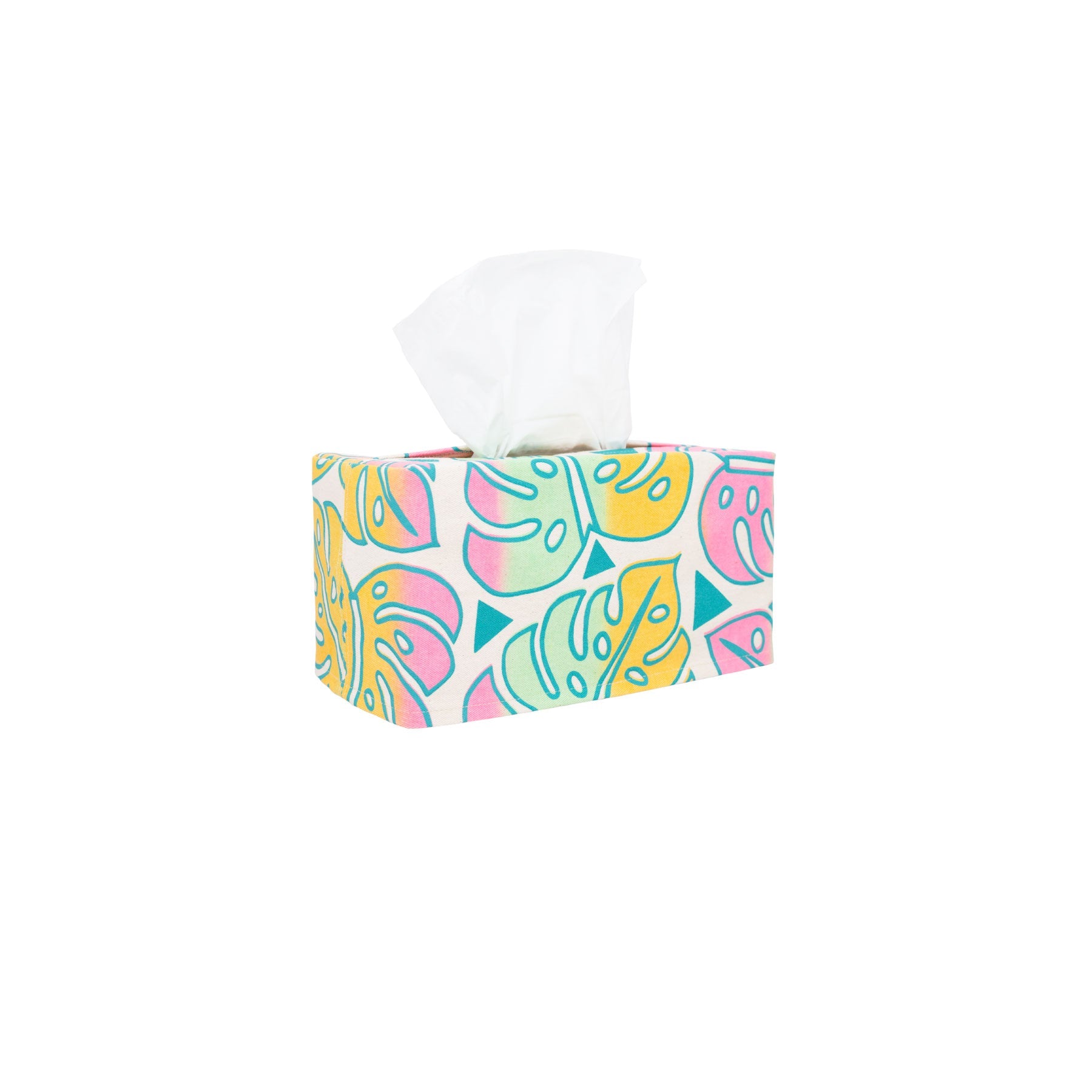 Rectangle Tissue Box Cover • Monstera • Teal over Mint, Pink, and Warm Yellow Ombre - Jana Lam Hawaii