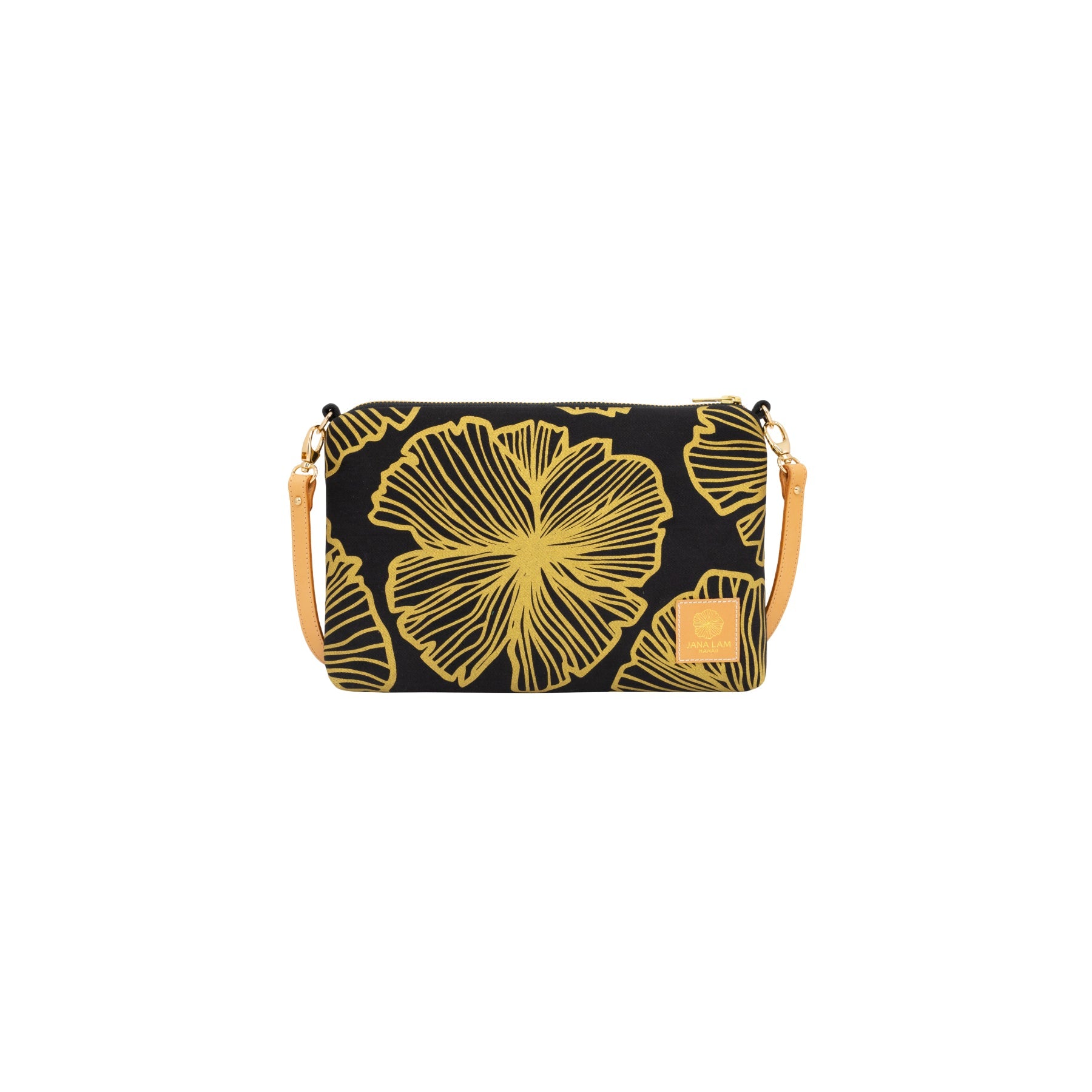 Slim Zipper Cross Body • Seaflower • Gold on Black Fabric - Jana Lam Hawaii