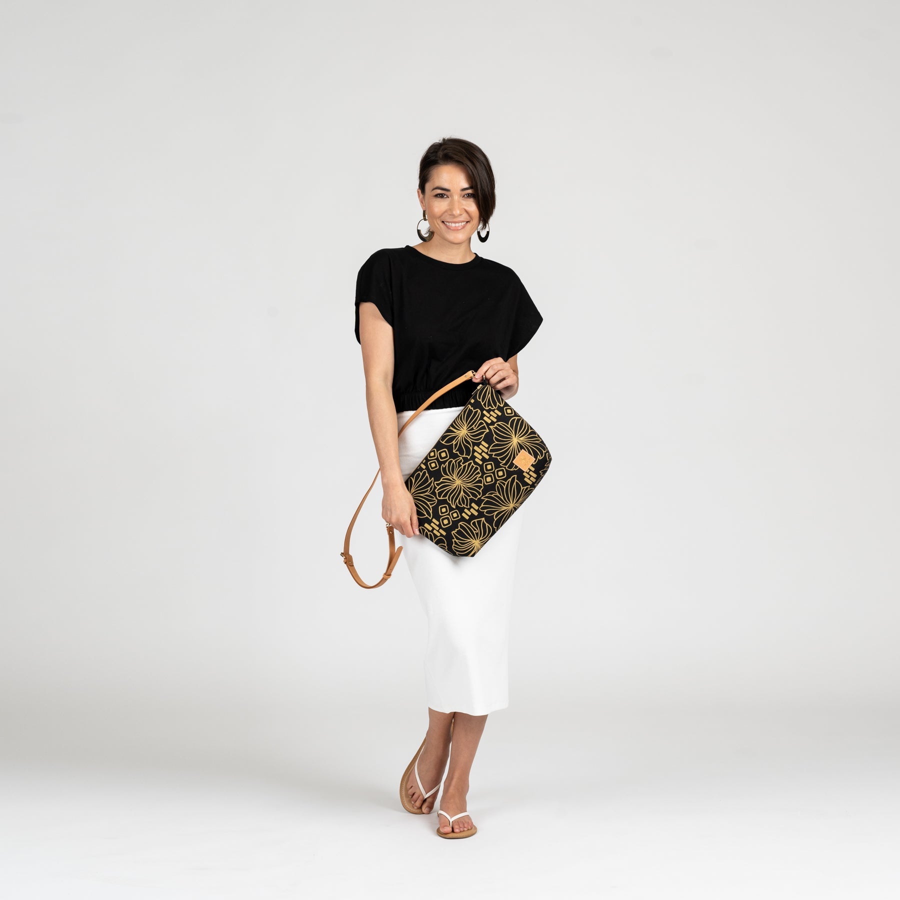 Slouchy Cross Body • Honey Girl Blooms • White on Black Fabric - Jana Lam Hawaii