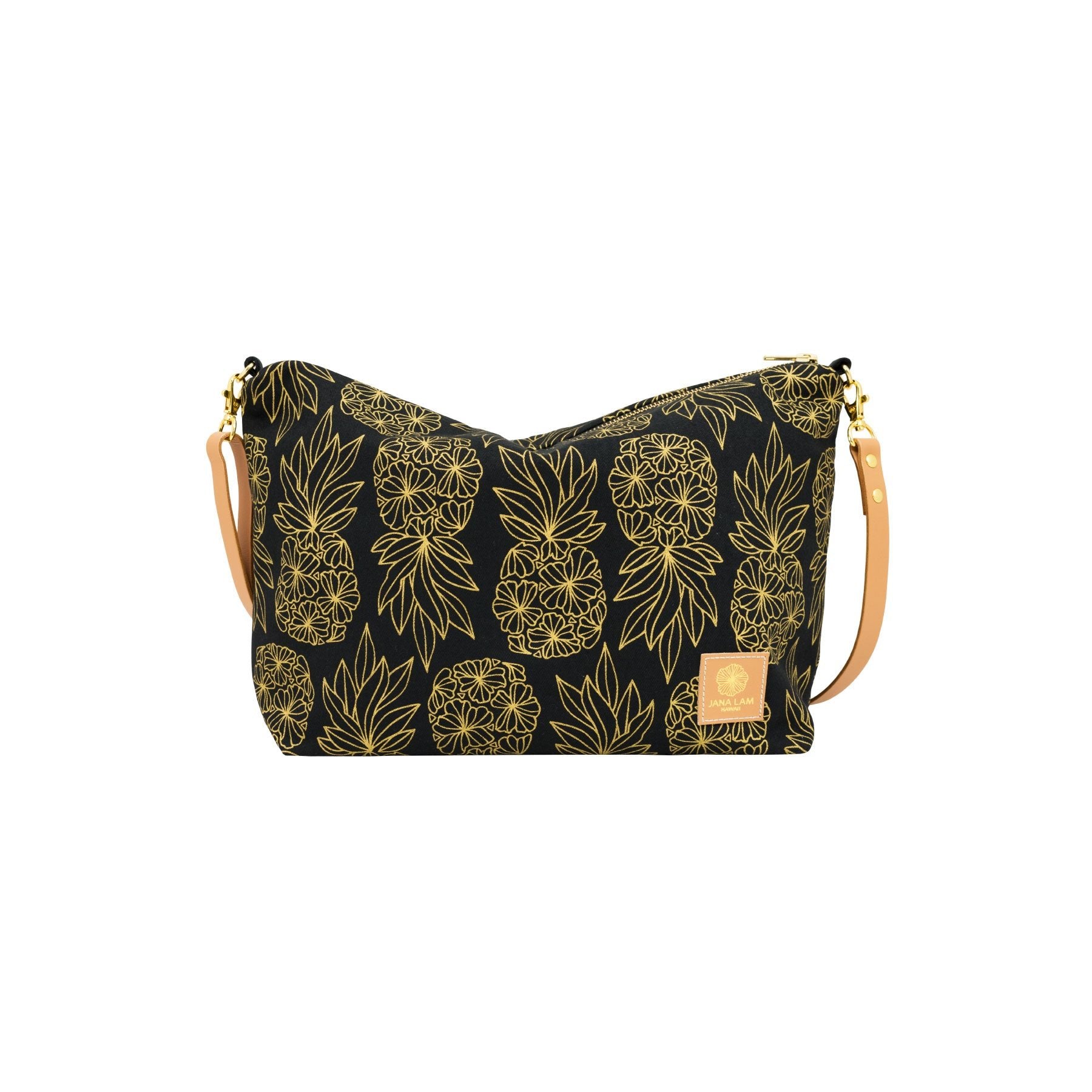 Slouchy Cross Body • Seaflower Pineapple • Gold on Black Fabric - Jana Lam Hawaii