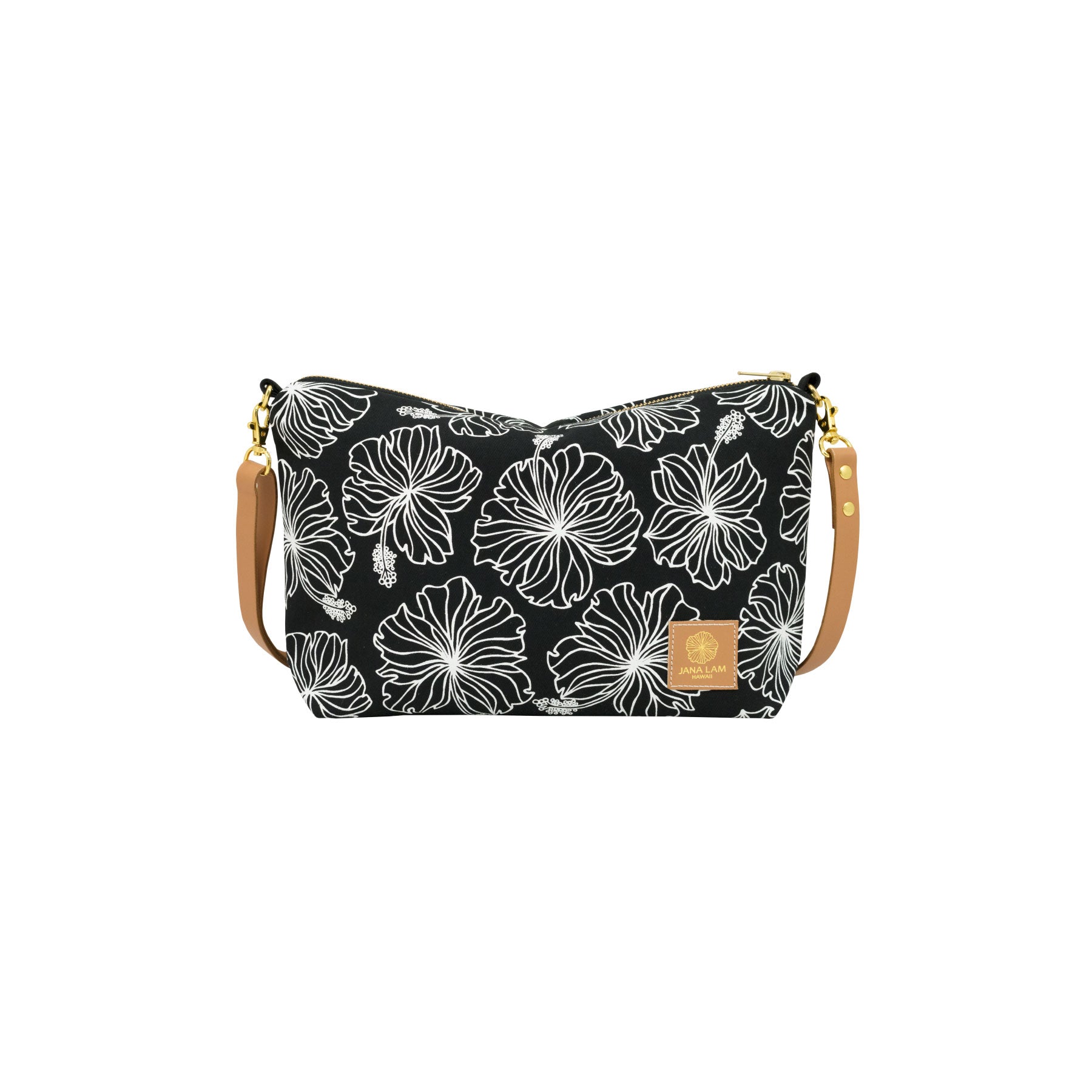 Mini Slouchy Cross Body • Hibiscus • White on Black Fabric