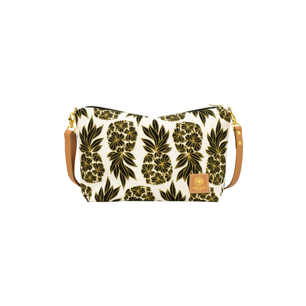 Mini Slouchy Cross Body • Seaflower Pineapple • Gold over Black on Natural Fabric