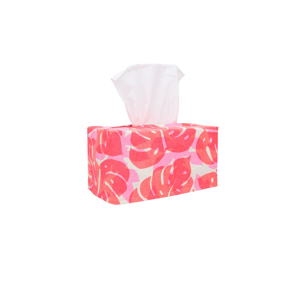 Rectangle Tissue Box Cover • Monstera and Papaya Leaf Shadow • Bright Coral over Pink