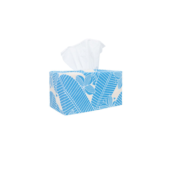 Rectangle Tissue Box Cover • Plumeria • White over Bright Blue