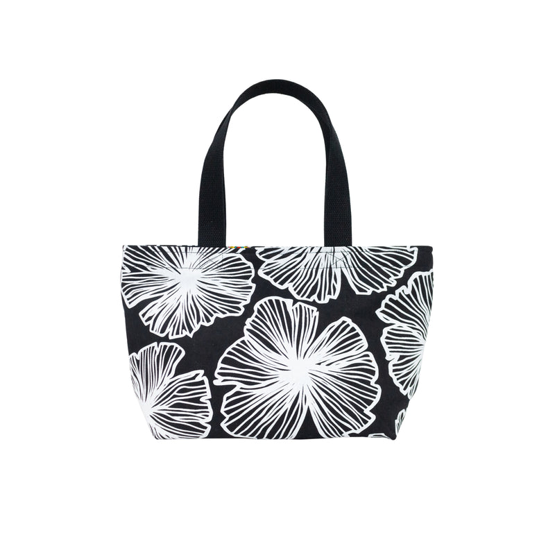 Mini Beach Bag Tote • Seaflower • White on Black Fabric