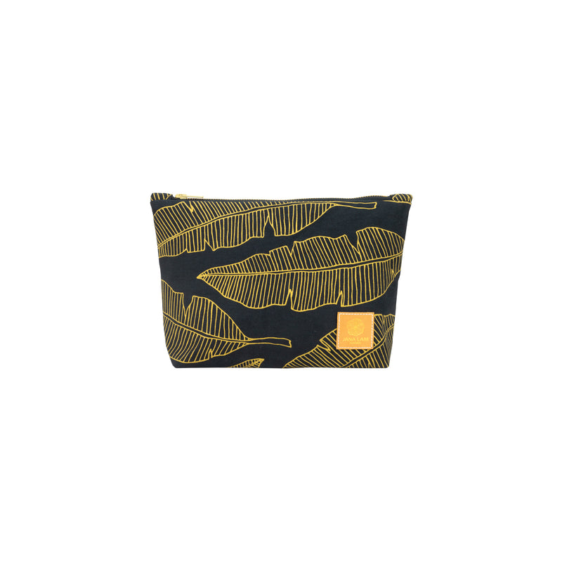 Cosmetic Zipper Clutch • Banana Leaf • Gold on Black Fabric
