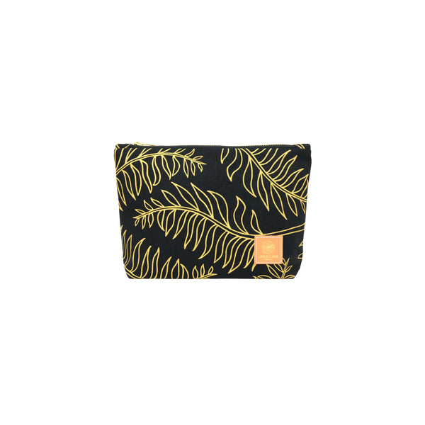 Cosmetic Zipper Clutch • Palm • Gold on Black Fabric