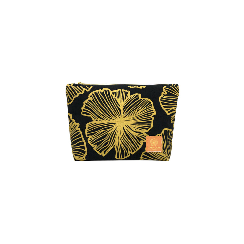 Cosmetic Zipper Clutch • Seaflower • Gold on Black Fabric