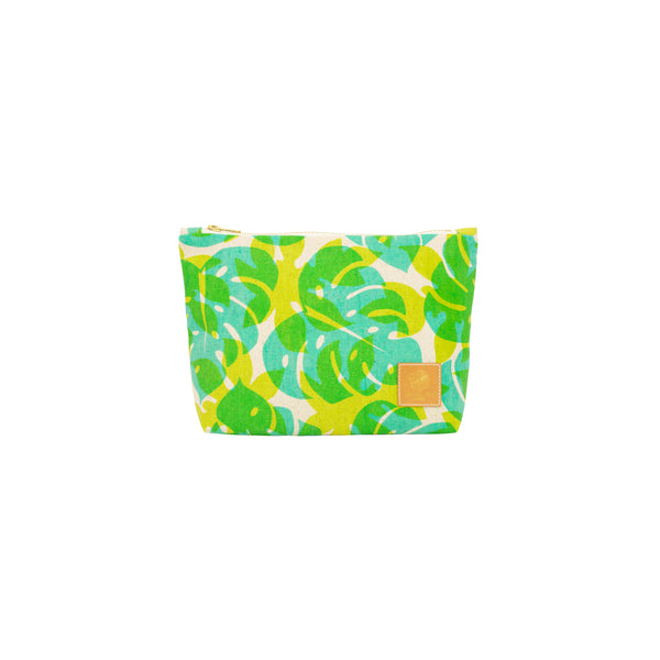 Cosmetic Zipper Clutch • Monstera and Papaya Leaf Shadow • Turquoise over Citron