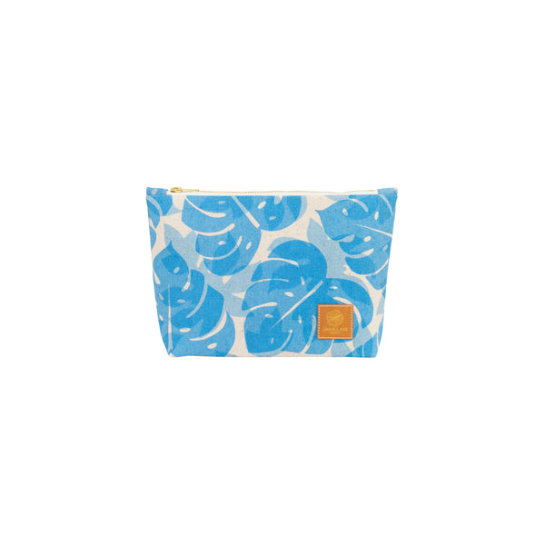 Cosmetic Zipper Clutch • Monstera and Papaya Leaf Shadow • Bright Blue over Sky Blue