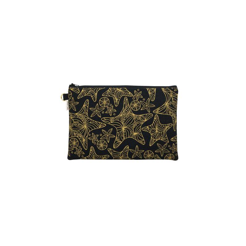 Oversize Zipper Clutch • Starfish • Gold on Black Fabric