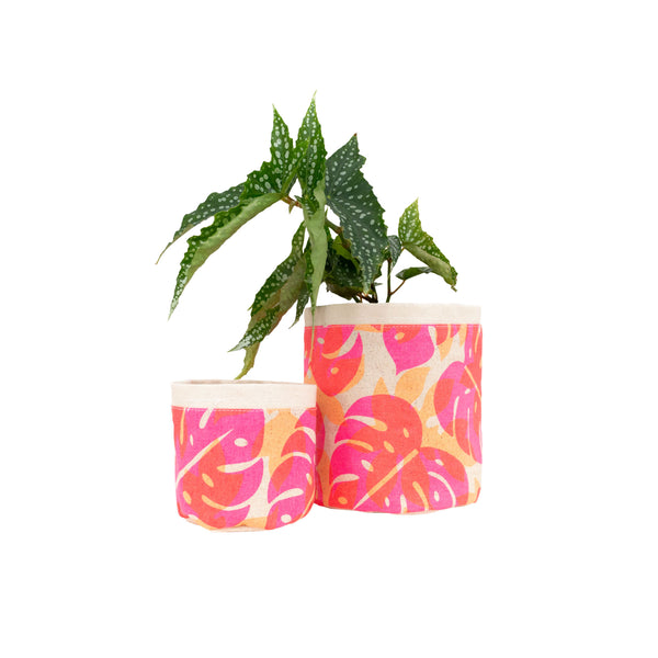 Fabric Sax Plant • Monstera and Papaya Leaf Shadow • Hot Pink and Fluorescent Orange