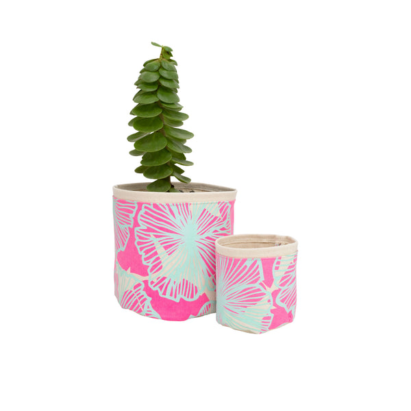 Fabric Sax Plant Holder • Hot Pink and Bright Aqua Seaflower