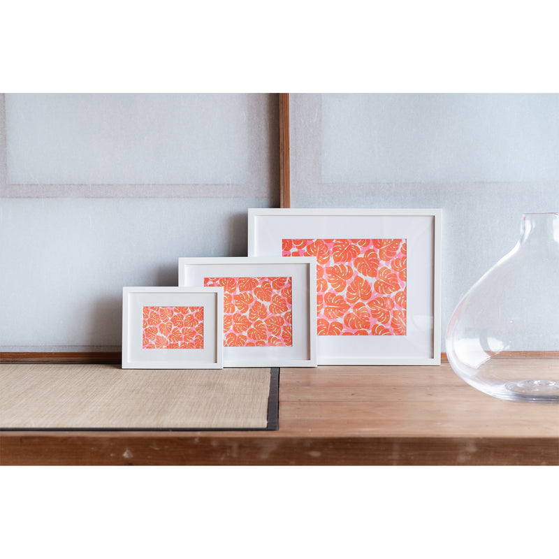 Monstera and Papaya Leaf Shadow Art Print • Orange over Pink