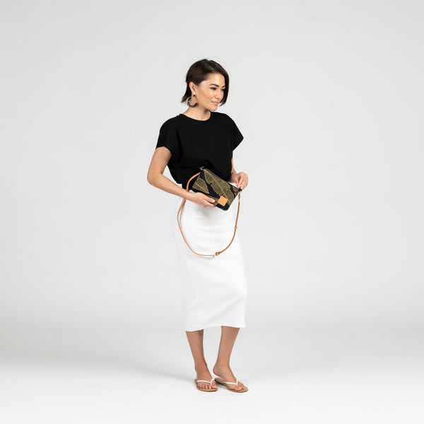 Mini Slim Zipper Cross Body • Seaflower • Gold on Black Fabric