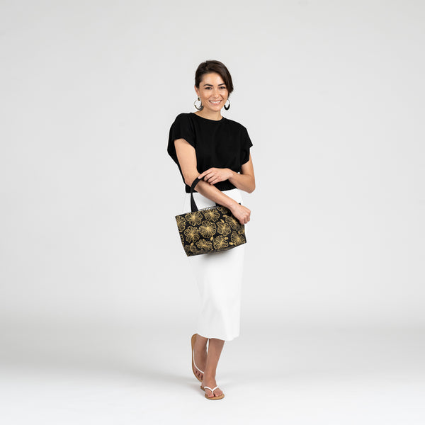 Mini Beach Bag Tote • Seaflower Pineapple • Gold over Black on Natural Fabric
