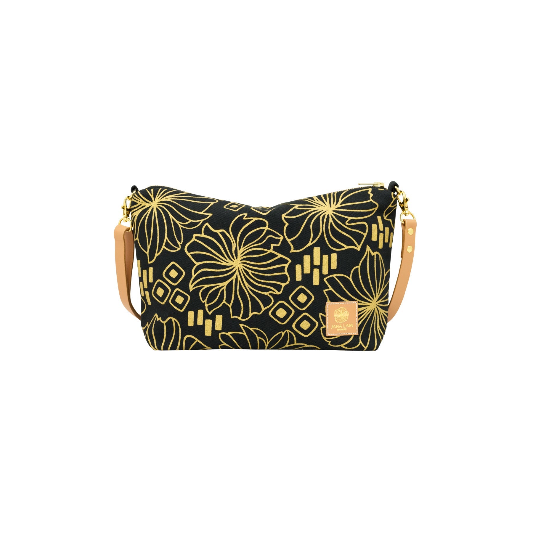 Mini Slouchy Cross Body • Retro Blooms • Gold on Black Fabric - Jana Lam Hawaii