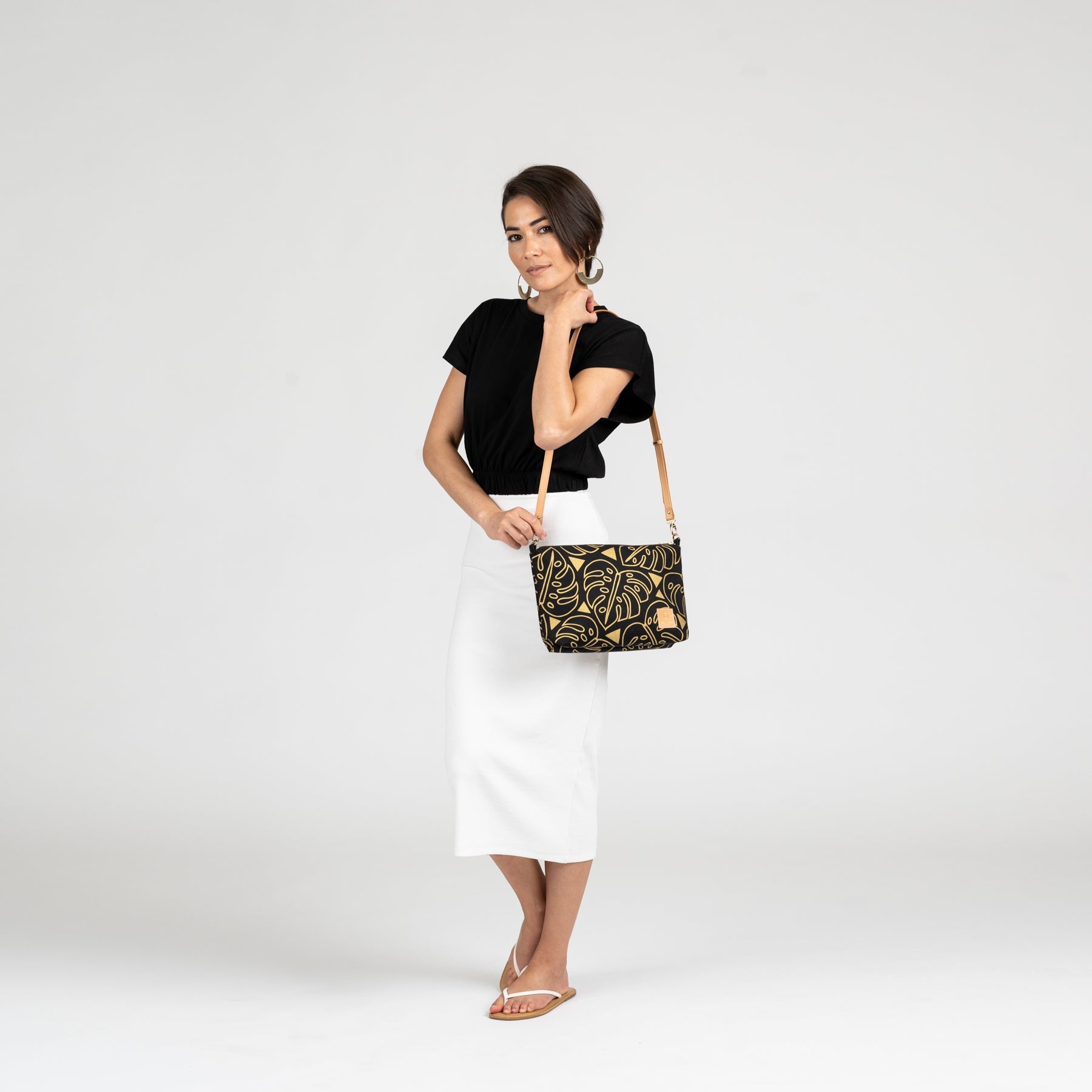 Mini Slouchy Cross Body • Seaflower • Black on Natural Fabric - Jana Lam Hawaii