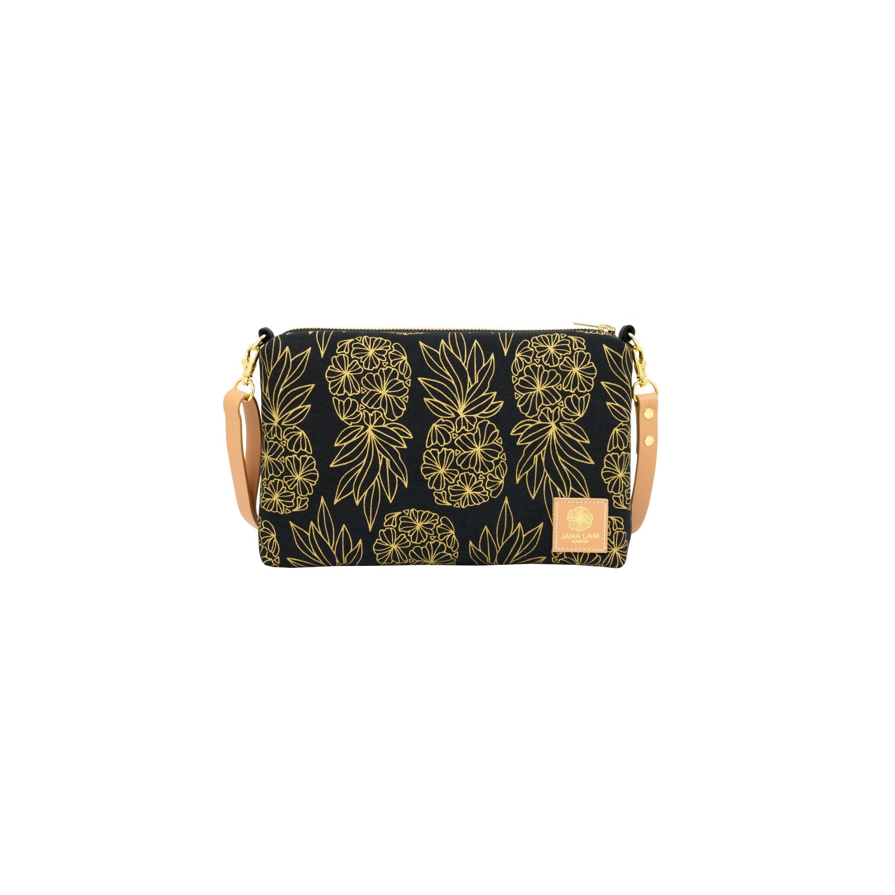 Slim Zipper Cross Body • Seaflower Pineapple • Gold on Black Fabric - Jana Lam Hawaii
