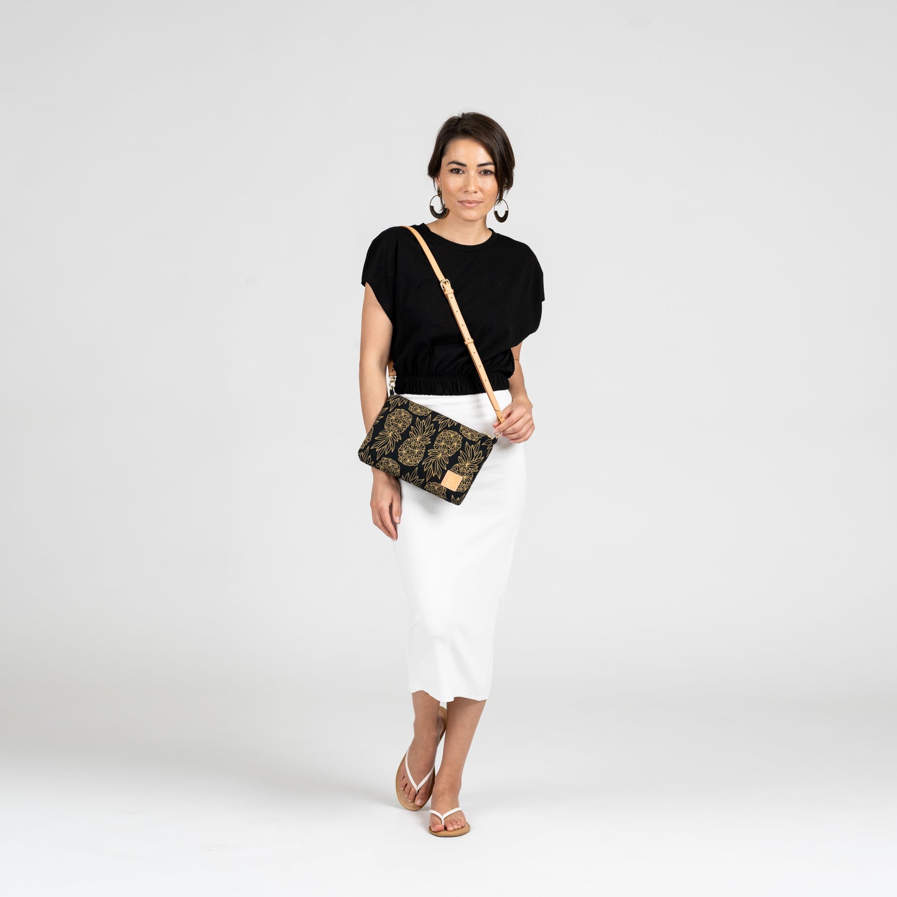 Slim Zipper Cross Body • Seaflower Pineapple • Gold on Black Fabric - Jana Lam Hawaii